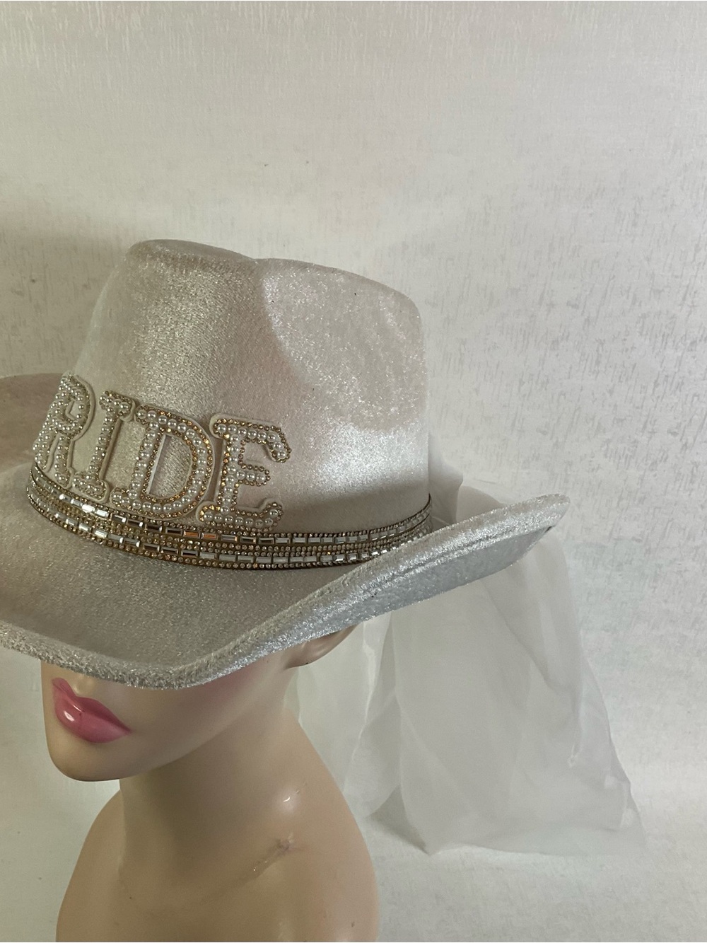 Rhinestone 'BRIDE' White Cowboy Hat with Veil